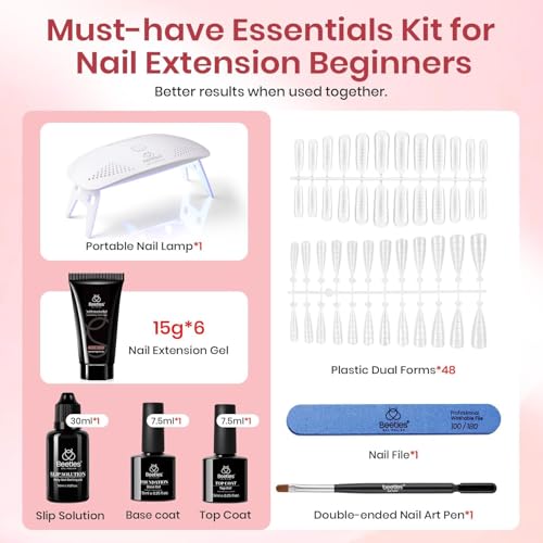 Beetles Poly Nail Gel Kit - 6 Colors Jelly Nude Extension Kit with Slip Solution Builder Nail Enhancement for Beginner & Professional Long Lasting DIY Home Christmas Gift for Women, UV & LED Needed