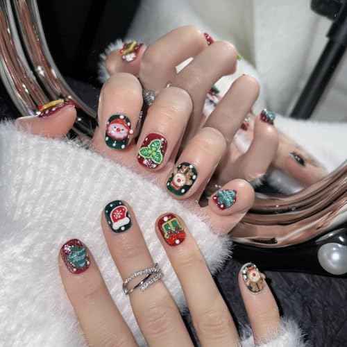 handmade nails press on Salon Quality false nails Reusable short square round red green christmas gifts tree cute acrylic fake nails designed kit,10 Nails Size M #1201
