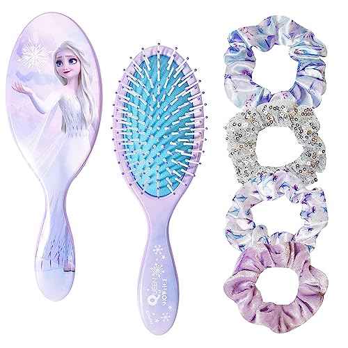 Frozen Princess Elsa Hair Accessory 5 Pcs Set - 1 Regular 9 inch Frozen Hairbrush & 4 Frozen Scrunchies - Detangling Brush & Elastic Hair Ties Ropes for Girls, Ages 3+