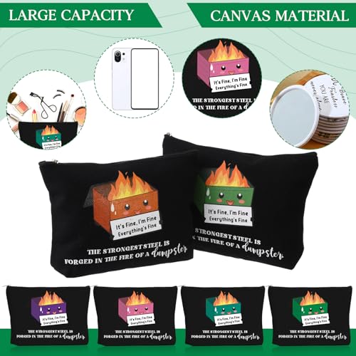 Reginary 6 Pcs Emotional Support Dumpster Fire Cosmetic Bag Gift Team Employee Appreciation Gift Bulk Funny Makeup Bag Canvas Pouch for Coworker Staff Volunteer Teacher Nurse, 6 Style(Black)