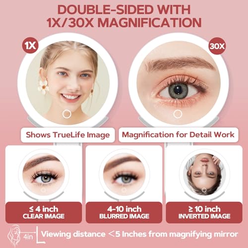 MIYADIVA Lighted Makeup Mirror, 30X Magnifying Mirror with Light and Adjustable Brightness, Hanging and Handheld Mirror with Handle, Portable Travel Makeup Mirror with Lights, Vanity Mirrors for Women