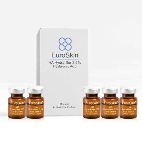EuroSkin Hydra line hyaluronic acid. Hydrafiller 3.5%. Hyaluronic acid revitalizes and hydrates the skin. Aestheticians' favorite serum. 5 vials x 10 ml / 5 vials x 0,17 fl. oz.