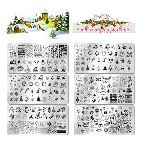 JERCLITY 6pcs Christmas Nail Stamping Plate Christmas Nail Stamping Plates for Nails Santa Claus Snowflake Elk Image Stamper Kit