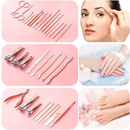 Manicure Set Pedicure Kit Womens Nail Clippers Set 32 in 1 Professional Grooming Care Tools Nail Kit Including Facial, Fingernails and Toenails Care with Travel Case Women (Rose Pink_32 in 1)