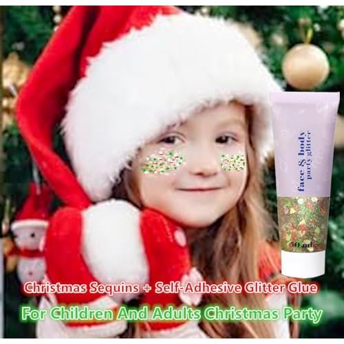 Go Ho Christmas Body Hair Face Glitter Gel,Christmas Glitters Face Paint,Holographic Colorful Sequins Chunky Reflective Face Glitter Makeup,Festival Rave Outfits for Women