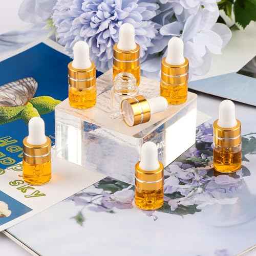 100 Pack 1ml Clear Glass Dropper Bottles with 4 Pcs Plastic Droppers, Mini Sample Dropper Bottles for Essential Oils Perfume Cosmetic Liquid, Empty Travel Sample Vials with Gold Cap