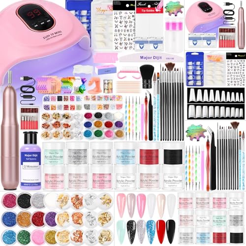 Major Dijit Acrylic Nail Kit with Nail Lamp, 0.35 oz White Clear Pink Black and More 12 Colors Acrylic Powder and Liquid Kit, Electric Nail Drill, Glitter, Nail Art Brushes,Nail Kit for Beginners