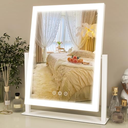 Vanity Mirror with Lights, Three Colors Lighting Mode, 360¡ÆRotation, Lighted Makeup Mirror wih Stand for Desk, Bedroom, Dorm, 11x14.5 Inch