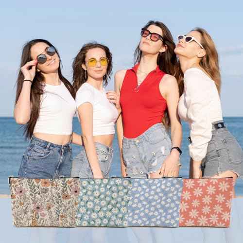 4pcs Vintage Floral Makeup Bag, Daisy Flower Cosmetic Bag Garden Gifts for Women Female Girls Sister BFF Nature Lover, Travel Zipper Pouch Christmas Thanksgiving Birthday Gifts