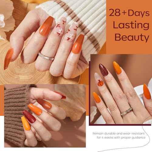 modelones Gel Nail Polish Set, 6 Colors 2025 Fall Winter Thanksgiving Maple Burnt Orange Brown Maroon Burgundy Red Glitter Gel Polish Cherry Mocha Turkey Pumpkin Color Changing Nail Polish LED Gift