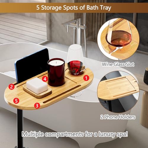 3 Layer Bathtub Tray Table,Bamboo Swivel Bathtub Side Table Height Adjustable,Freestanding Bathtub Tray for Tub Against Wall,Bathtub Accessories&Bathroom Organizer for Luxury Home Spa (Natural)