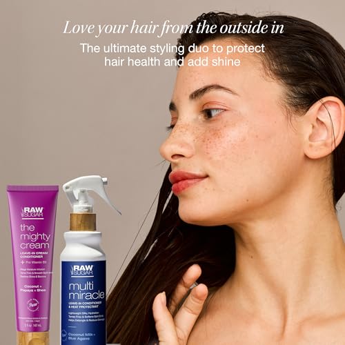 RAW SUGAR Leave In Conditioner Duo, Multi-Miracle Hair Mist and The Mighty Cream (2 Products) Heat Protectant, Hydration and Frizz Control for All Hair Types, A Conditioning Haircare Bundle