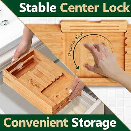 SereneLife Bamboo Bath Caddy with Fold and Lock Design - 30¡± to 43¡± Expandable Bathtub Tray, Easy Storage Folding Hinges