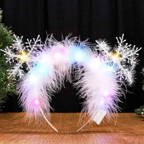 GORTIN Light Up Snowflake Headbands LED Christmas Headband Feather Xmas Headpiece Holiday Hair Accessory for Women and Girls
