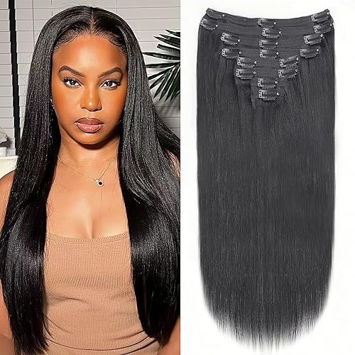 Yaki Straight Clip in Hair Extensions for Black Women Thick Light Yaki Straight Clip ins 100% Real Soft Human Hair 8Pcs Per Set with 18Clips Double Lace Weft,120Gram Natural Black (26Inch, #1B)