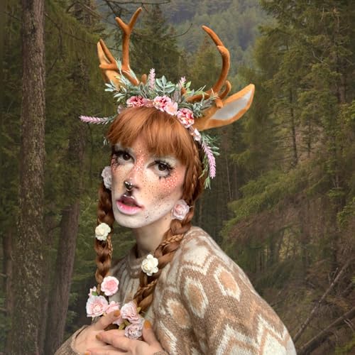 MOSTORY Handmade Antler Headband Brown - Adjustable Reindeer Horns Crown with Ears Fairy Flower Woodland Headpiece for Renaissance Christmas Cosplay Prom Fae Ball Costume Photo Prop