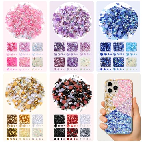 250g Flatback Pearls and Rhinestones for Bedazzling, 5 Colors Flat Back Pearls and Sequins for Crafting, 3mm-8mm Bedazzler Gems Kit for DIY Nail Shoes Clothes Tumblers Art