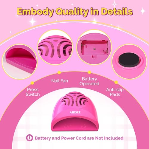 AIRSEE Kids Nail Dryer, Portable Nail Dryer, Mini Nail Fan for Regular Nail Polish - Birthday, Christmas, Party Gift for Grils, Battery Operated, DIY nail art, No Harmful, Two stickers included (Pink)