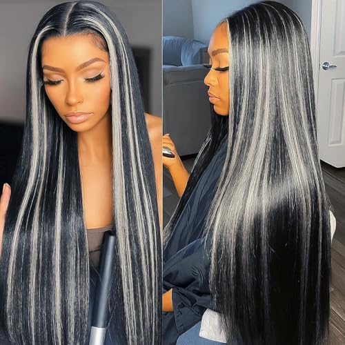 Black with Grey Highlights Wig Human Hair Lace Front Wigs for Black Women Pre Plucked with Baby Hair 180% Density 13x4 Balayage Wear and Go Glueless Wigs Human Hair Straight 16 Inch Tiny Knots