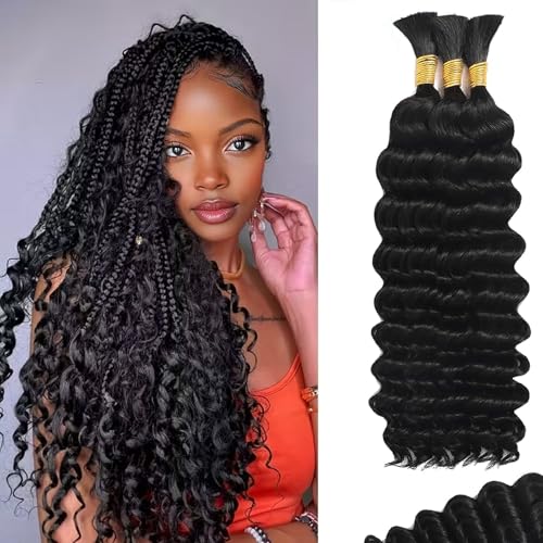 Human Braiding Hair for Boho Braids 110g Deep Wave Bulk 100% Human Hair for Braiding Knotless Brazilian Virgin Crochet Hair Extensions Bulk Bohemian Micro Braiding 3 Bundles Natural Color 20 Inch