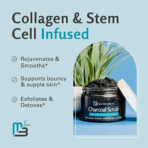 Exfoliating Charcoal Scrub with Collagen & Stem Cells ? Salt Scrub for Body Toning, Cellulite, Armpit Detox, and Skin Smoothing for Face, Feet, and Body by M3 Naturals.
