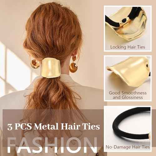 3PCS Gold Hair Ties for Thick Hair - Metal Ponytail Cuff Elastic No Damage Hair Accessories for Women - Geometric Valentine's Day Holiday Gifts