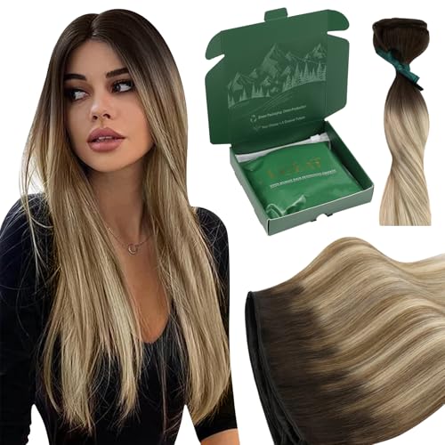 Ugeat 20 Inch Weft Hair Extensions Ombre Brown Sew in Hair Extensions for Women Balayage Chestnut Brown Mix Bleach Blonde Sew in Extensions Real Human Hair Comfort Wear 100G