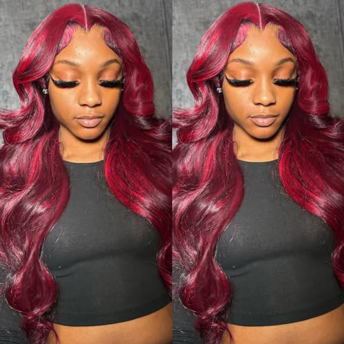 ABALON 99j Burgundy Body Wave Lace Front Wigs Human Hair Wine Red 13x4 HD Lace Frontal Wigs Human Hair Pre Plucked 200% Density Glueless Wigs for Women 20 Inch
