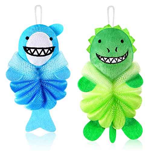 Nuenen 2 Pcs Bath Loofahs Kids Toddler Cute Cartoon Bath Sponges Loofah Pouf Body Scrubber Mesh Sponges for Children Shower Washing Exfoliating