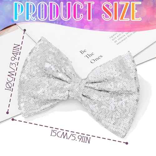 Woeoe Light Up Sequin Hair Bows Clips Glitter Bow Hairpin Glow Hair Bows Accessories Birthday Party for Women and Girls (Silver)