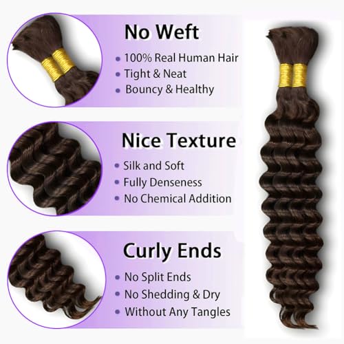 Human Braiding Hair 150g 22 Inch Deep Wave Bulk Human Hair for Braiding Boho Braids 100% Unprocessed Brazilian Virgin Human Hair Extensions No Weft 3 Bundle/Pack Dark Brown
