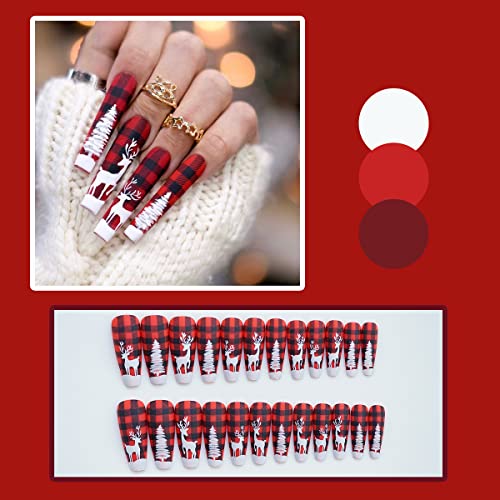 24Pcs Christmas Press on Nails Medium Length Red Buffalo Plaid Coffin Fake Nails Xmas Tree Deer False Nails with Nail Glue Full Cover Acrylic Nails for Women Girls DIY New Year Nail Decor