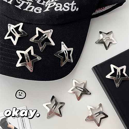 Star Hair Clips 2000s Y2K Snap Hair Barrettes Non Slip Star Hair Accessories Silver Metal Hair Clips for Girls Women -15 PCS 1.57"