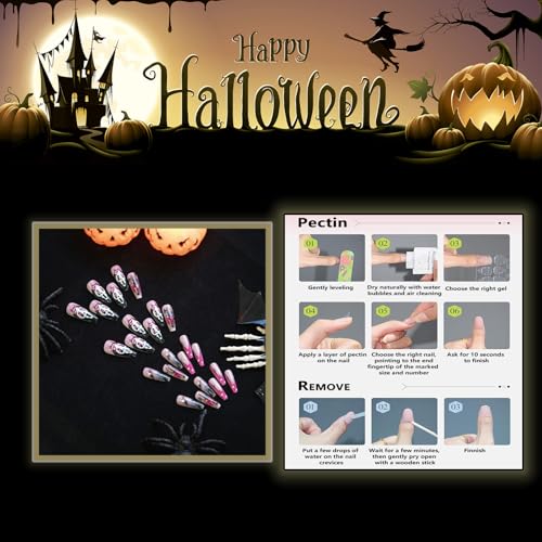 Halloween Long Press on Nails xl Coffin Fake Nail French Tip Ghost Faces Designs False Nails Press Ons Pink Pumpkin Stick on Nails Full Cover Artificial Nails Gift for Women 24pcs