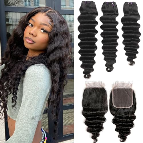 Loose Deep Wave Bundles with Closure 14 16 18 +12 Inch 100% Unprocessed Brazilian Virgin Hair Bundles with Closure Wet and Wavy Curly Weave 3 Bundles and Closure Natural Color for Women