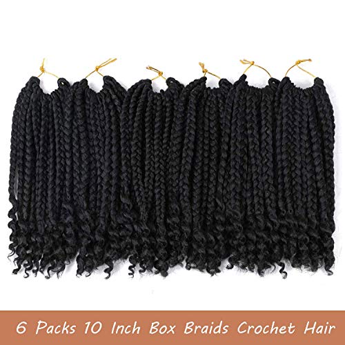 6 Packs Crochet Box Braids Curly Ends 10 Inch Crochet Braids Bohemian Box Braids Crochet Hair for Black Women (1B, 10 Inch)