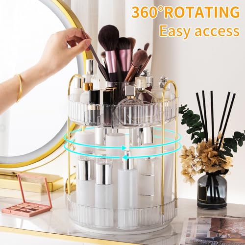 360¡Æ Rotating Makeup Organizer, Large-Capacity Skincare Make Up Storage 2 Tier Perfume Organizers Cosmetic Dresser Organizer with Makeup Brush Holder, Fits Bedroom, Bathroom, Vanity Shelf Countertop