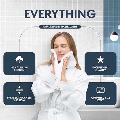 White Classic Luxury Cotton Washcloths 13x13 Inch - 650 GSM Turkish Cotton | Hotel, Spa, Bathroom Face Towel | 12 Pack