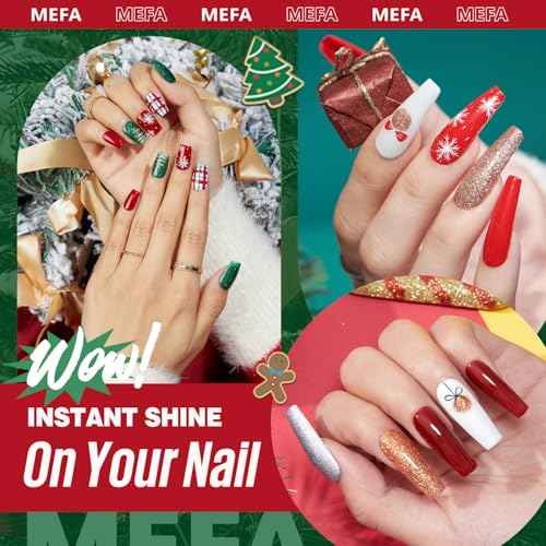 MEFA 19 Pcs Gel Nail Polish Kit with U V Light, 12 Christmas Colors Burgundy Red Dark Green Glitter Gel Polish Winter Silver Gold Sparkle Nail Polish Manicure Soak Off DIY Salon Decorations Gifts