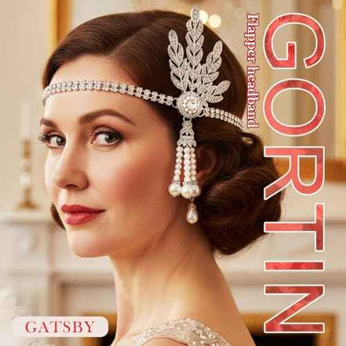 GORTIN 1920's Flapper Headband Leaf Rhiestones Headpiece Pearl Tassel Head Bands Bridal Flapper Hair Accessories Head Chain for Women (Sliver)