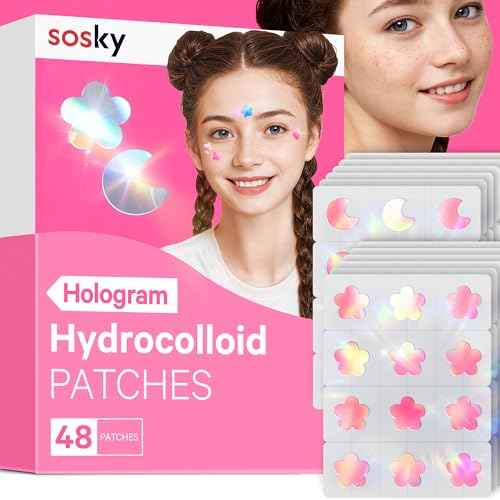 Sosky Hologram Pimple Patches for Face, Hydrocolloid Acne Patches with Salicylic Acid, Cute Star Zit Stickers,Colorful Blemish Covers,48 Count Pink Moon Flower
