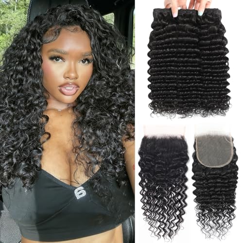 12A Human Hair Bundles with Closure-Deep Wave Bundles 12 14 16+12 Inch 5x5 HD Lace Closure Wet and Wavy, Water Wave 100% Brazilian Virgin Deep Curly 3 Bundles Human Hair Quick Weave Bundles for Women