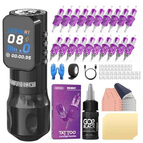 Wormhole Tattoo Kit Wireless Tattoo Gun Kit 1,500mAh Tattoo Power Supply, Smart LED Digital Display Xtreme Tattoo Ink 20 PCS Tattoo Cartridge Needles Complete Tattoo Machine Kit for Artist