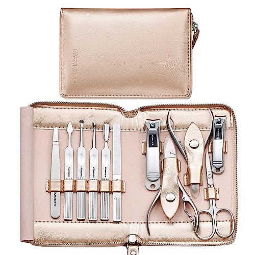 FAMILIFE Gifts for Women, Manicure Set Professional Manicure Kit 11 in 1 Nail Kit Nail Clippers Tools Stainless Steel with Rose Gold Leather Case Travel Sets