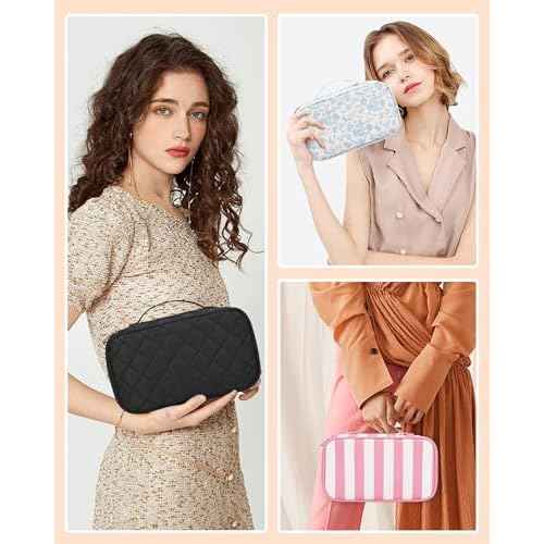 Relavel Makeup Bag, Small Makeup Bag for Women, Travel Cosmetic Bag, 2 Layers Waterproof Makeup Organizer Storage with Makeup Brush Holder, Black