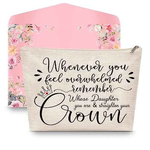 Daughter Choice, Inspirational Makeup Bag for Daughter from Mom Dad, Best Bonus Step Daughters Graduation Birthday Present from Step Mom, Small Linen Straighten Your Crown Cosmetic Bags