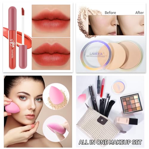 Makeup Set Full Kit for Girls Teens Women, Makeup Present Set, Includes Eyeshadow, Foundation, counter stick, Powder, Eyebrow Pencil, Eyeliner, Brushes, Lip Gloss, Sponge, Cosmetic Bag