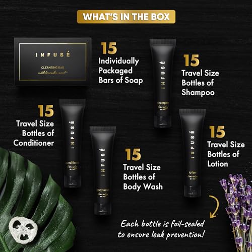 Infuse Black Soaps & Toiletries Bulk Set | 1-Shoppe Amenities Kit for Hotels & Vacation Rentals | 1 oz Shampoo, Conditioner, Body Wash, Lotion, 1.25 oz Cleansing Bar | 75 Pieces