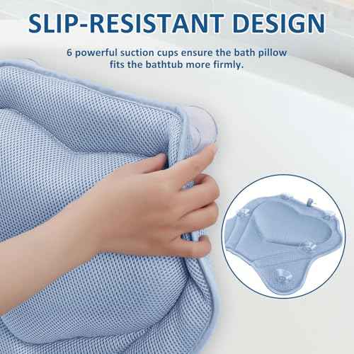 LuxStep Bath Pillow-Bathtub Pillow with Air Mesh Fabric & 6 Non-Slip Suction Cups, Bath Pillows for Tub Head, Neck and Back Support, Bath Accessories Spa Gifts, 17 * 17in, Blue