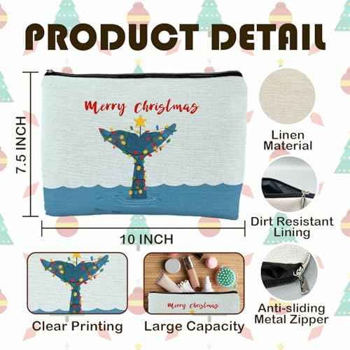 Merry Christmas Whale Beach Makeup Bag, Christmas Ocean Whale Tail Cosmetic Bags for Women, Beach Lover Gifts, Xmas Sea Animal Holiday Zipper Makeup Pouch Travel Toiletry Bag